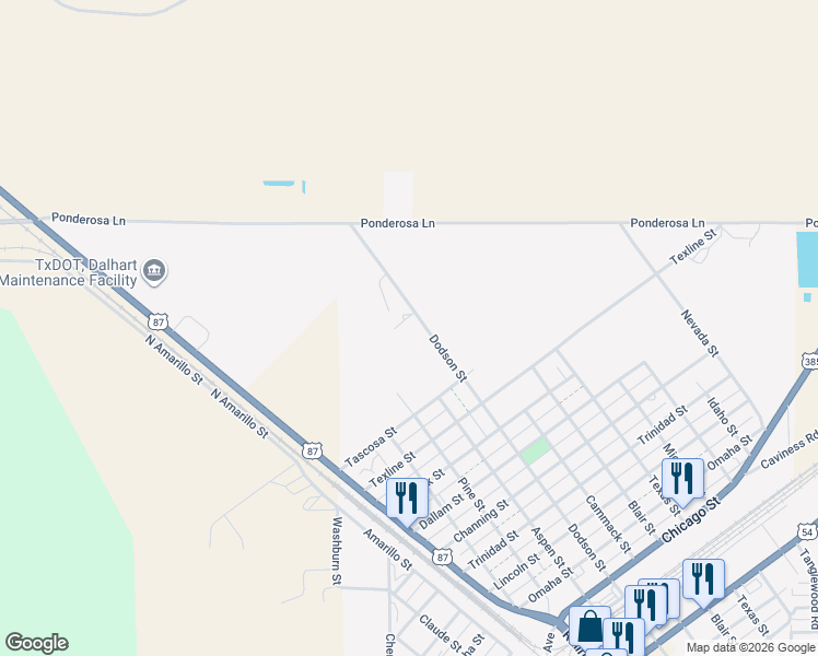 map of restaurants, bars, coffee shops, grocery stores, and more near 1500-1600 Dodson Street in Dalhart