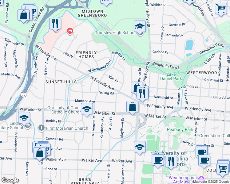 map of restaurants, bars, coffee shops, grocery stores, and more near 1800 Rolling Road in Greensboro
