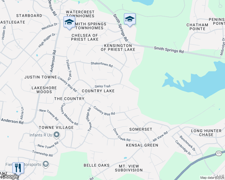 map of restaurants, bars, coffee shops, grocery stores, and more near 3444 Country Ridge Drive in Nashville