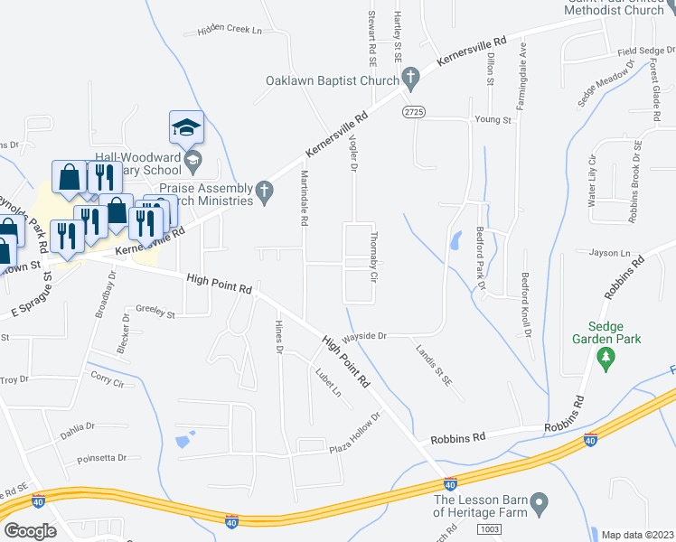 map of restaurants, bars, coffee shops, grocery stores, and more near 3980 Thornaby Circle in Winston-Salem