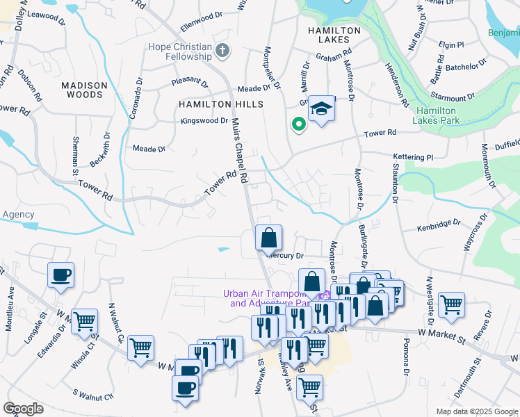 map of restaurants, bars, coffee shops, grocery stores, and more near 4761 Champion Court in Greensboro