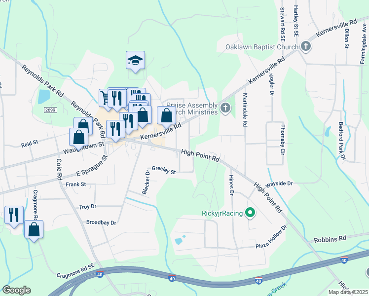 map of restaurants, bars, coffee shops, grocery stores, and more near 3109 High Point Road in Winston-Salem