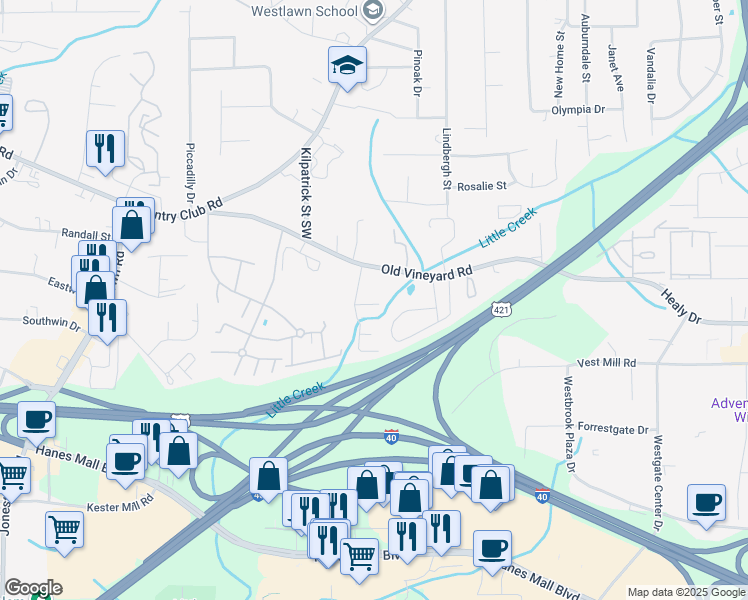 map of restaurants, bars, coffee shops, grocery stores, and more near 301 Vineyard Park Court in Winston-Salem