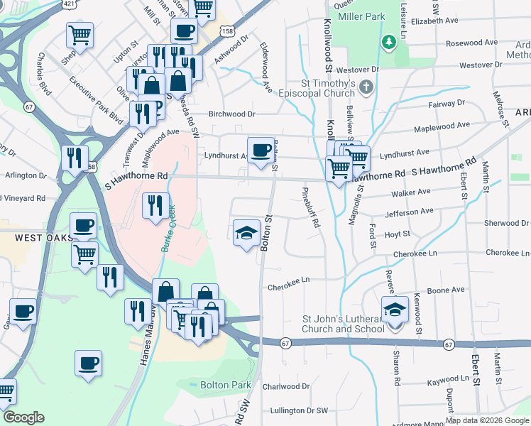 map of restaurants, bars, coffee shops, grocery stores, and more near 2815 Westridge Road in Winston-Salem