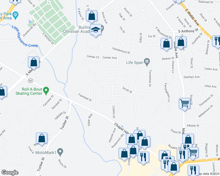 map of restaurants, bars, coffee shops, grocery stores, and more near 1303 Collins Drive in Burlington