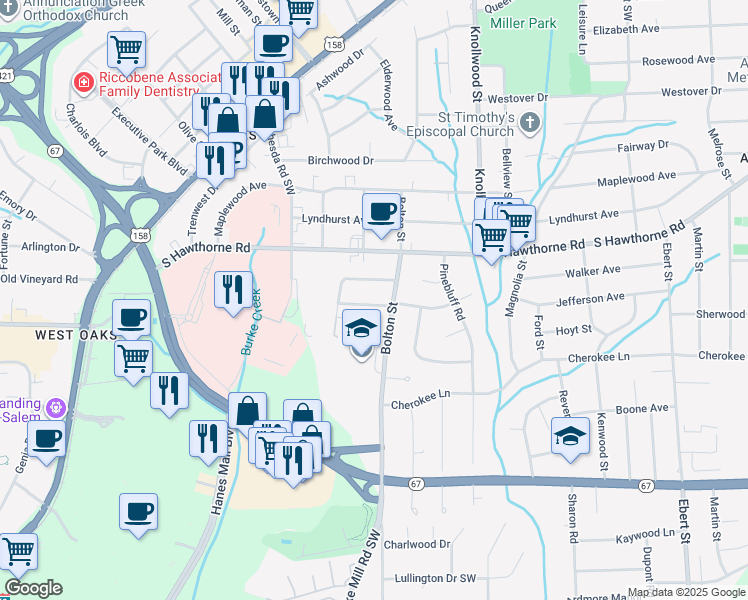 map of restaurants, bars, coffee shops, grocery stores, and more near 2815 Westridge Road in Winston-Salem