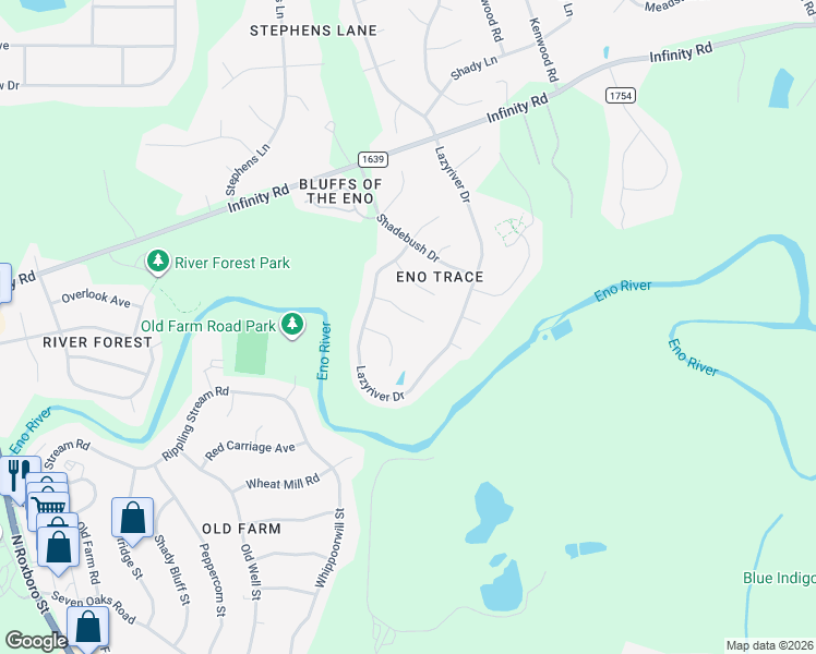 map of restaurants, bars, coffee shops, grocery stores, and more near 18 Round Spring Ln in Durham