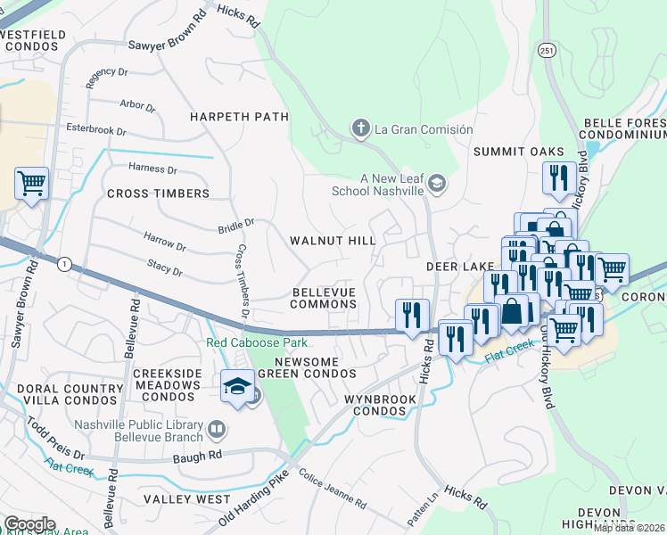 map of restaurants, bars, coffee shops, grocery stores, and more near 7305 Cavalier Road in Nashville