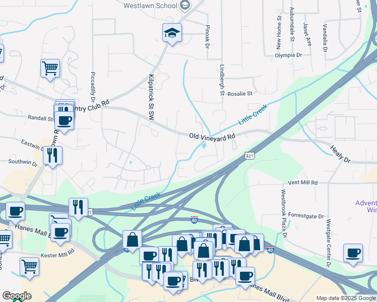 map of restaurants, bars, coffee shops, grocery stores, and more near 331 Vineyard Park Court in Winston-Salem