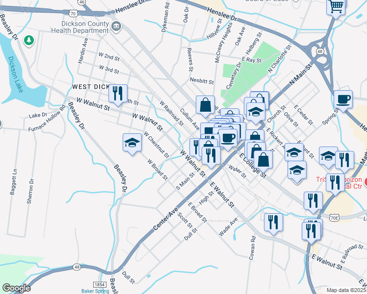 map of restaurants, bars, coffee shops, grocery stores, and more near 107 South Charlotte Street in Dickson