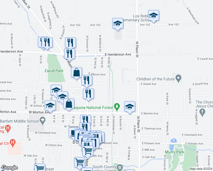 map of restaurants, bars, coffee shops, grocery stores, and more near 173 East Grand Avenue in Porterville