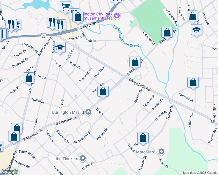 map of restaurants, bars, coffee shops, grocery stores, and more near 1717 South Mebane Street in Burlington