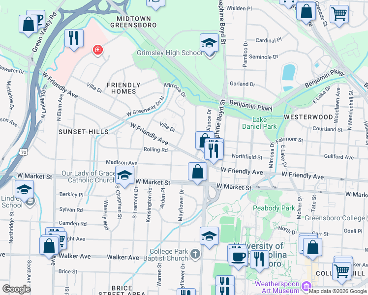 map of restaurants, bars, coffee shops, grocery stores, and more near 1712 West Friendly Avenue in Greensboro