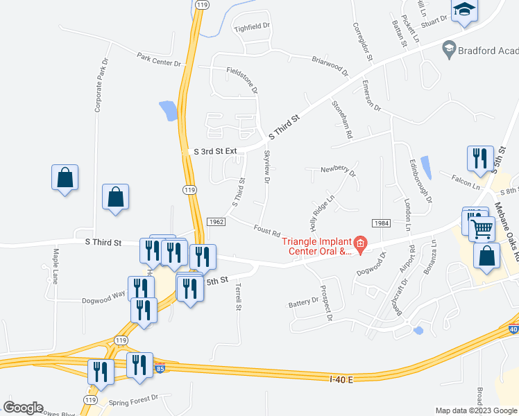 map of restaurants, bars, coffee shops, grocery stores, and more near 103 Dawn Court in Mebane