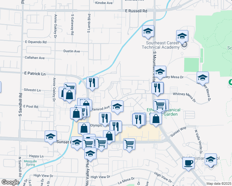 map of restaurants, bars, coffee shops, grocery stores, and more near 2120 Ramrod Avenue in Henderson