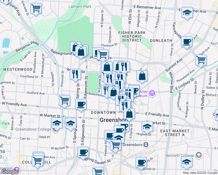 map of restaurants, bars, coffee shops, grocery stores, and more near 329 Battleground Avenue in Greensboro
