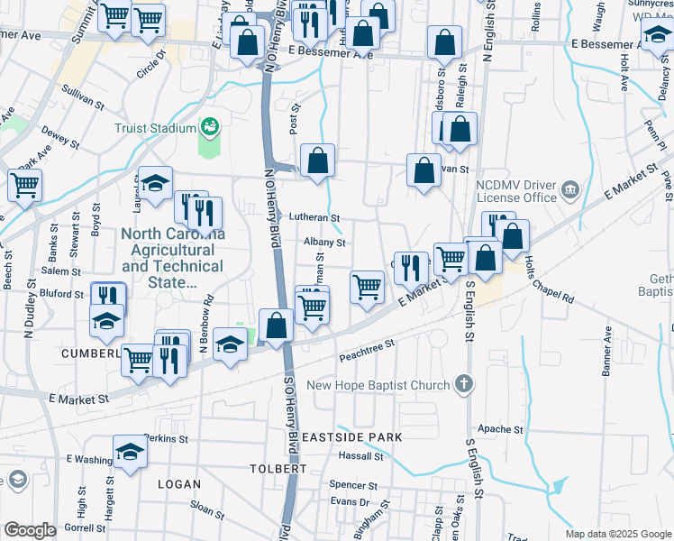 map of restaurants, bars, coffee shops, grocery stores, and more near 2118 Byrd Street in Greensboro
