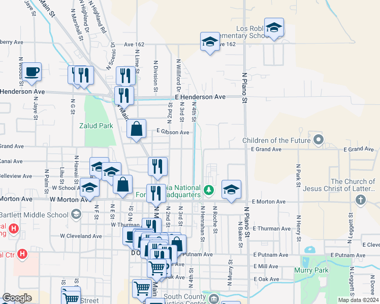 map of restaurants, bars, coffee shops, grocery stores, and more near 179 East Grand Avenue in Porterville