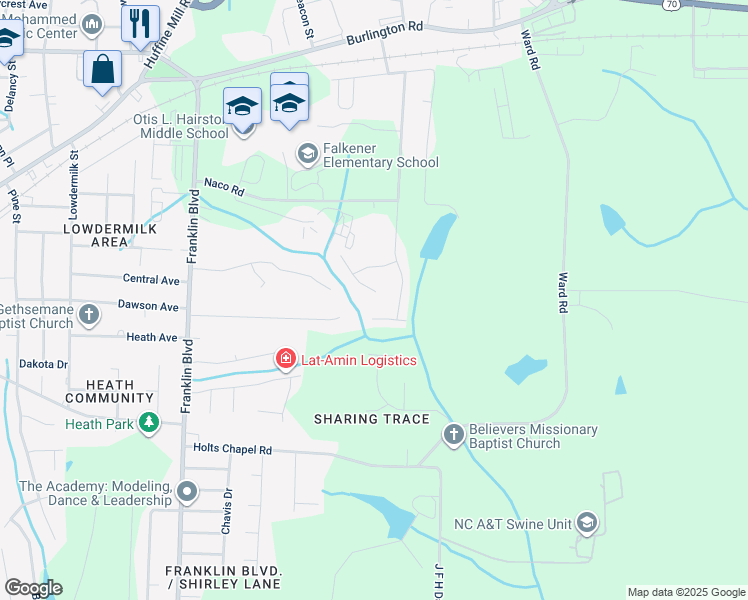map of restaurants, bars, coffee shops, grocery stores, and more near 514 Menlo Park Road in Greensboro