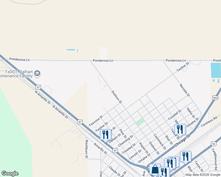 map of restaurants, bars, coffee shops, grocery stores, and more near 1500 Dodson Street in Dalhart