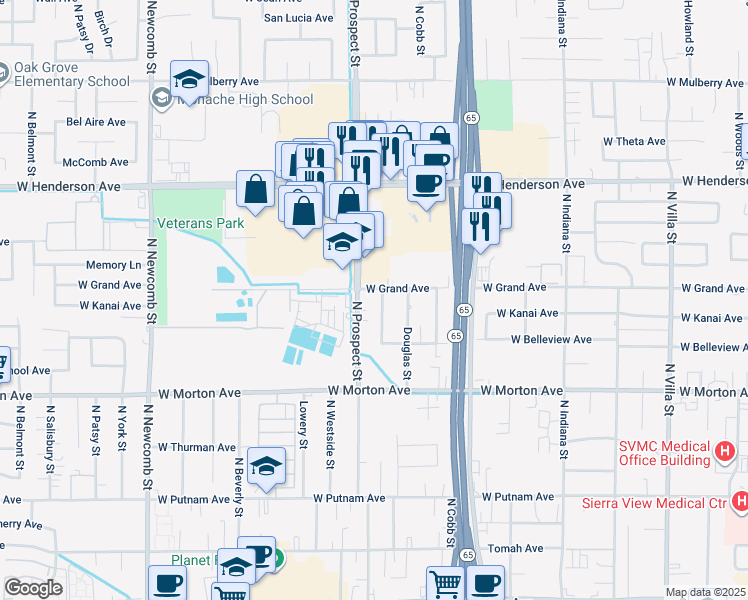 map of restaurants, bars, coffee shops, grocery stores, and more near 595 North Maston Street in Porterville