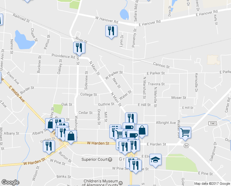 map of restaurants, bars, coffee shops, grocery stores, and more near 527 North Main Street in Graham