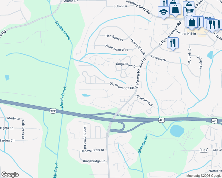 map of restaurants, bars, coffee shops, grocery stores, and more near 201 Ivystone Court in Winston-Salem