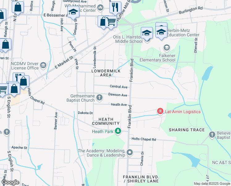 map of restaurants, bars, coffee shops, grocery stores, and more near 3801 Dawson Avenue in Greensboro