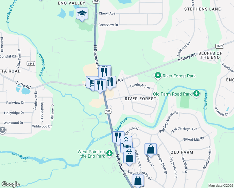 map of restaurants, bars, coffee shops, grocery stores, and more near 4906 South Singing Woods Place in Durham