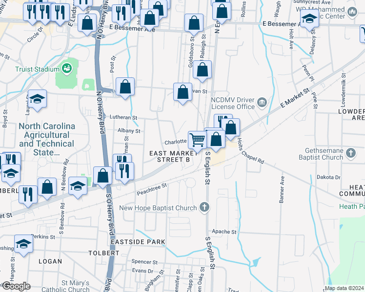 map of restaurants, bars, coffee shops, grocery stores, and more near in Greensboro