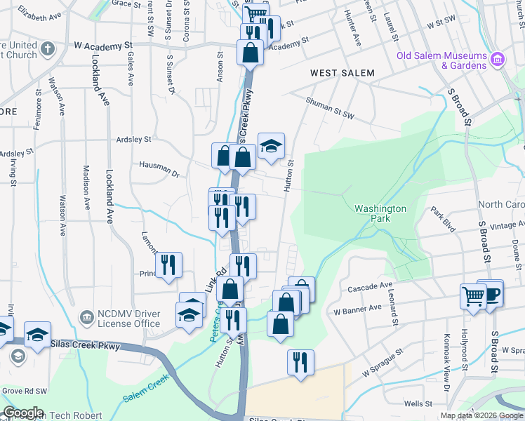 map of restaurants, bars, coffee shops, grocery stores, and more near 1219 Churton Street Southwest in Winston-Salem
