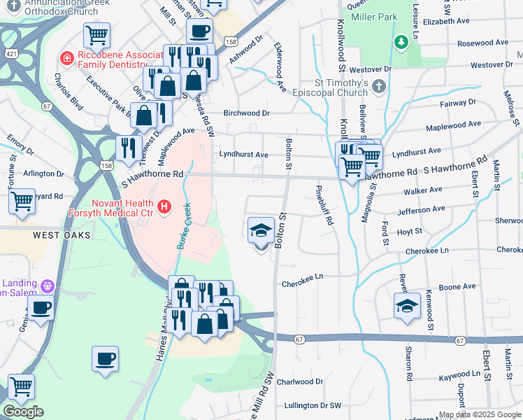 map of restaurants, bars, coffee shops, grocery stores, and more near 2827 Westridge Road in Winston Salem