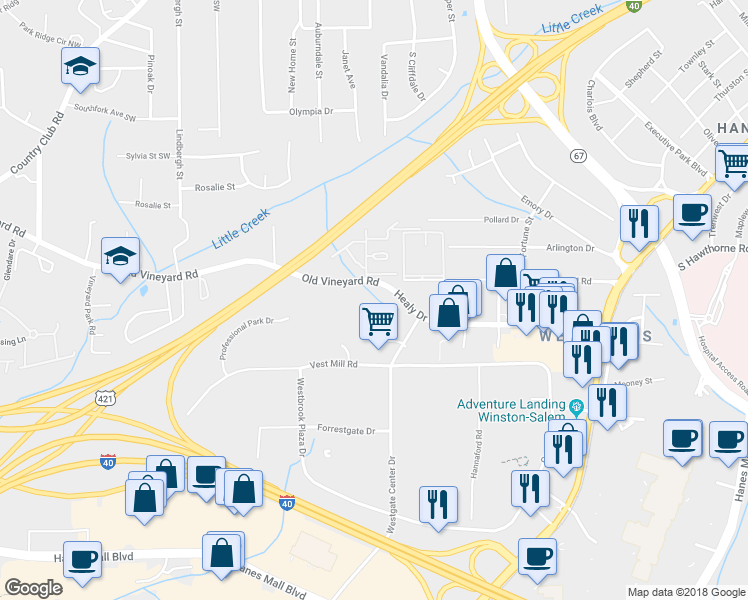 map of restaurants, bars, coffee shops, grocery stores, and more near 3450 Healy Drive in Winston-Salem