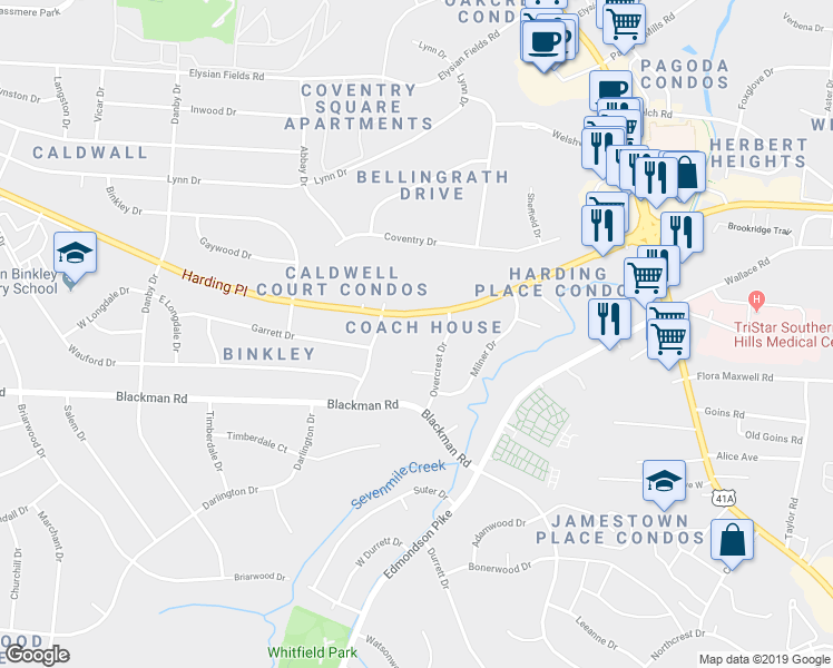map of restaurants, bars, coffee shops, grocery stores, and more near 533 Harding Place in Nashville