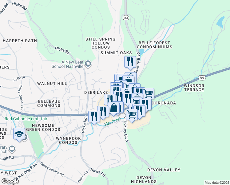 map of restaurants, bars, coffee shops, grocery stores, and more near 142 Belle Forest Circle in Nashville
