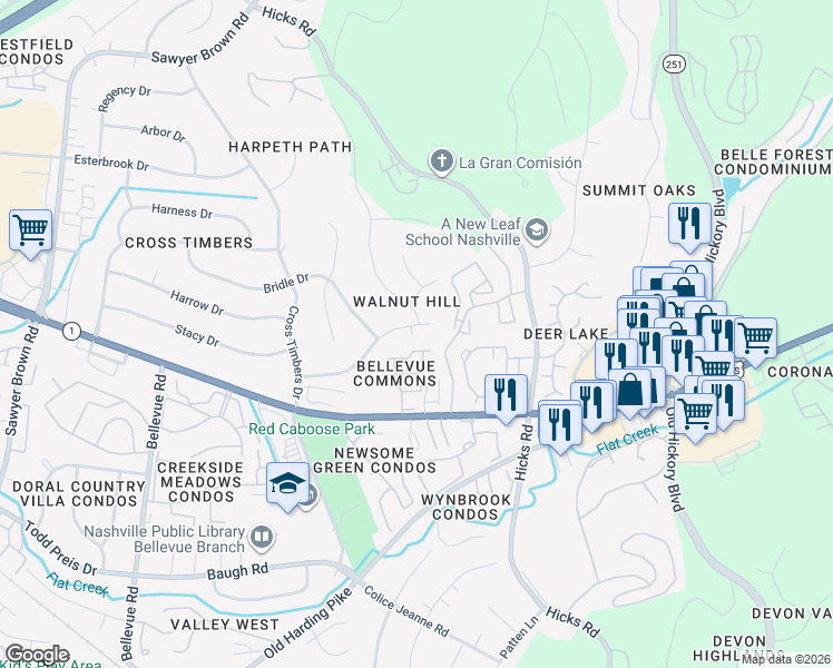map of restaurants, bars, coffee shops, grocery stores, and more near 7305 Cavalier Road in Nashville