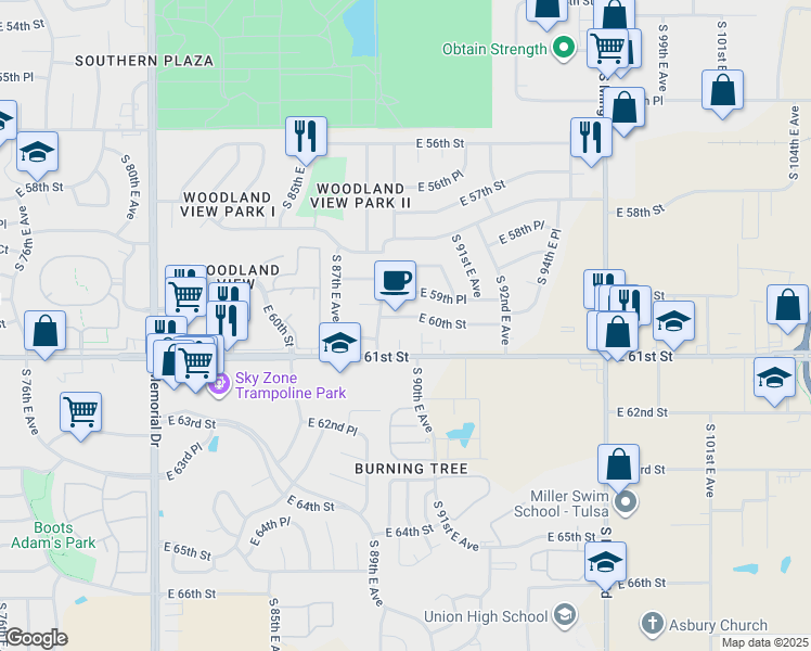 map of restaurants, bars, coffee shops, grocery stores, and more near 8912 East 60th Street in Tulsa