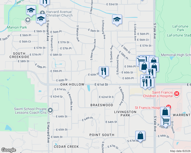 map of restaurants, bars, coffee shops, grocery stores, and more near 3910 East 60th Street in Tulsa