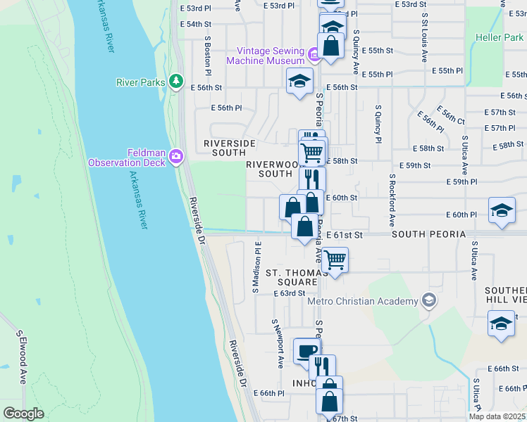 map of restaurants, bars, coffee shops, grocery stores, and more near 6021 South Madison Place in Tulsa