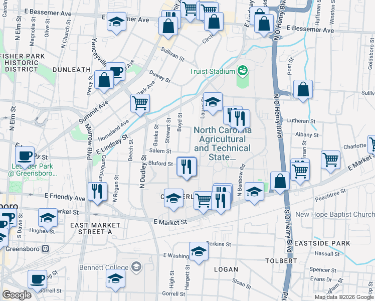 map of restaurants, bars, coffee shops, grocery stores, and more near 401 Stedman Street in Greensboro