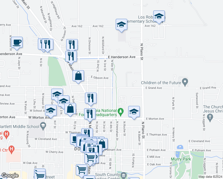 map of restaurants, bars, coffee shops, grocery stores, and more near 588 North 4th Street in Porterville