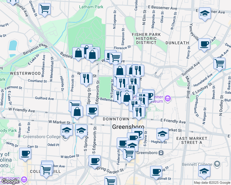 map of restaurants, bars, coffee shops, grocery stores, and more near 330 North Eugene Street in Greensboro