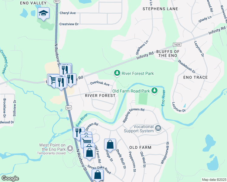 map of restaurants, bars, coffee shops, grocery stores, and more near 4904 Fox Hunt Road in Durham