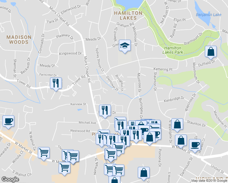 map of restaurants, bars, coffee shops, grocery stores, and more near 301 Glentower Drive in Greensboro