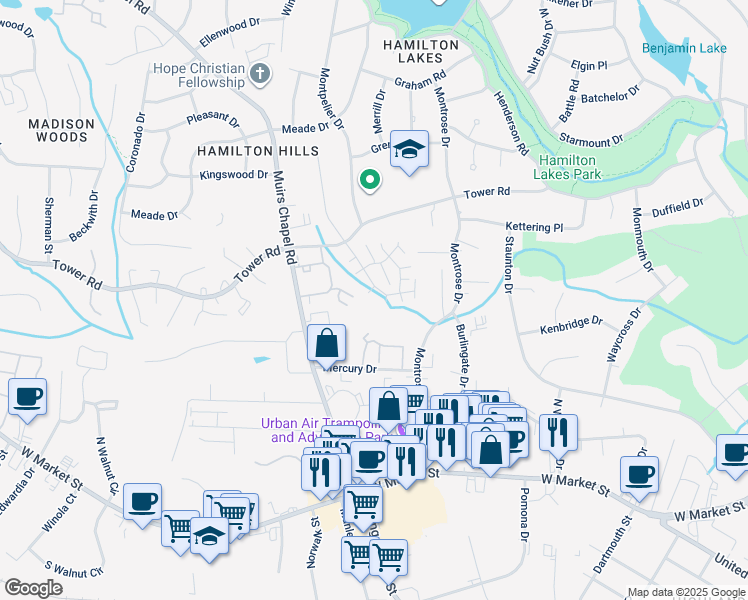map of restaurants, bars, coffee shops, grocery stores, and more near 301 Glentower Drive in Greensboro