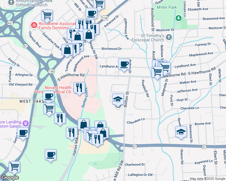 map of restaurants, bars, coffee shops, grocery stores, and more near 2839 Westridge Road in Winston-Salem
