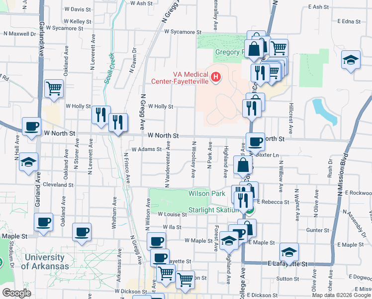 map of restaurants, bars, coffee shops, grocery stores, and more near 220 West Adams Street in Fayetteville