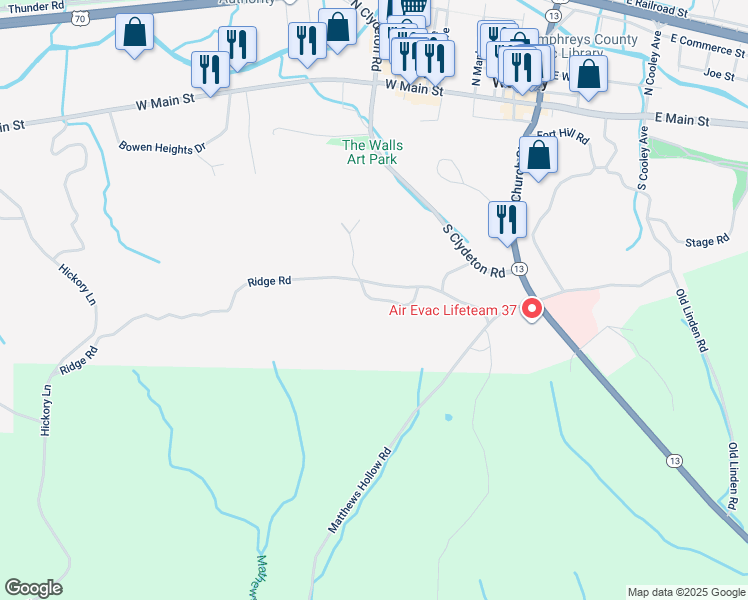 map of restaurants, bars, coffee shops, grocery stores, and more near 79 Ridge Road in Waverly