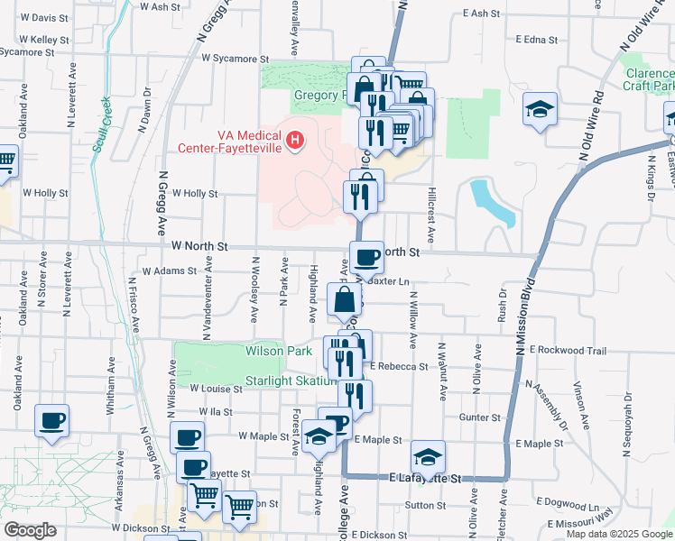 map of restaurants, bars, coffee shops, grocery stores, and more near 1009 Pollard Avenue in Fayetteville