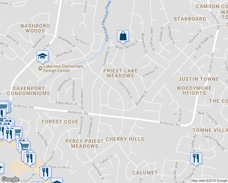 map of restaurants, bars, coffee shops, grocery stores, and more near 2929 Mossdale Drive in Nashville